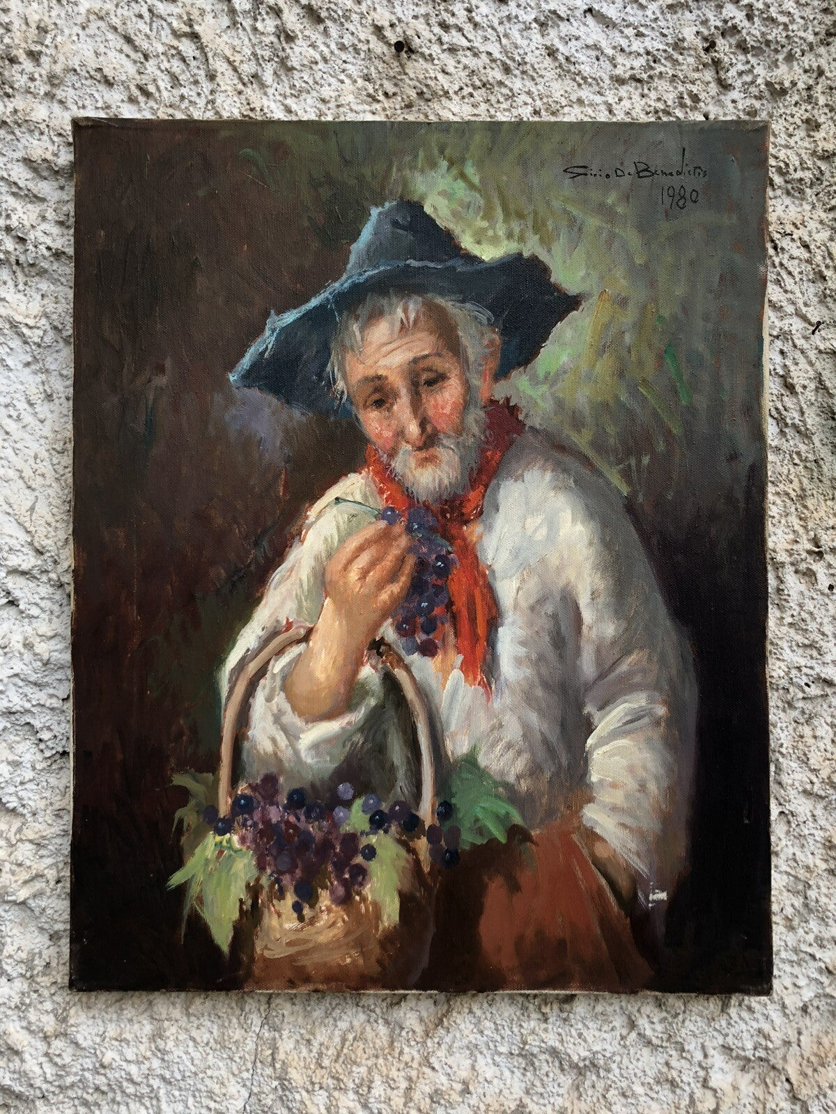 Quadro vintage -Contadino Con Uva- dipinto a olio su tela