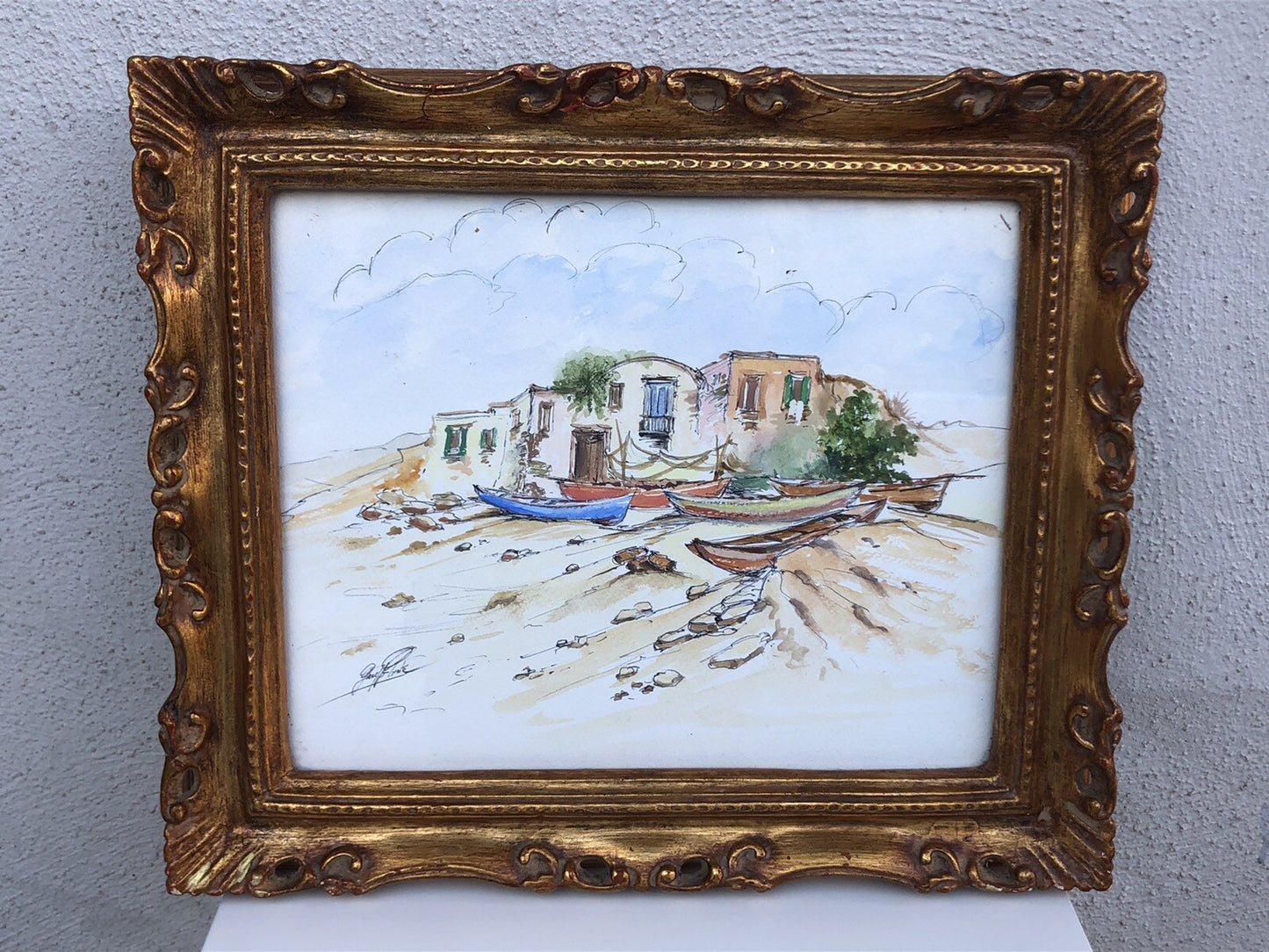 QUADRO VINTAGE-PAESAGGIO CON BARCHE-DIPINTO AD ACQUERELLO SU CARTA