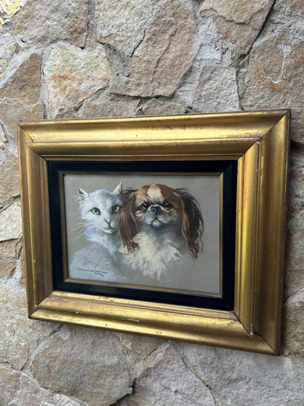 Quadro -Cane E Gatto- Marino Lenci realizzato a pastello su carta