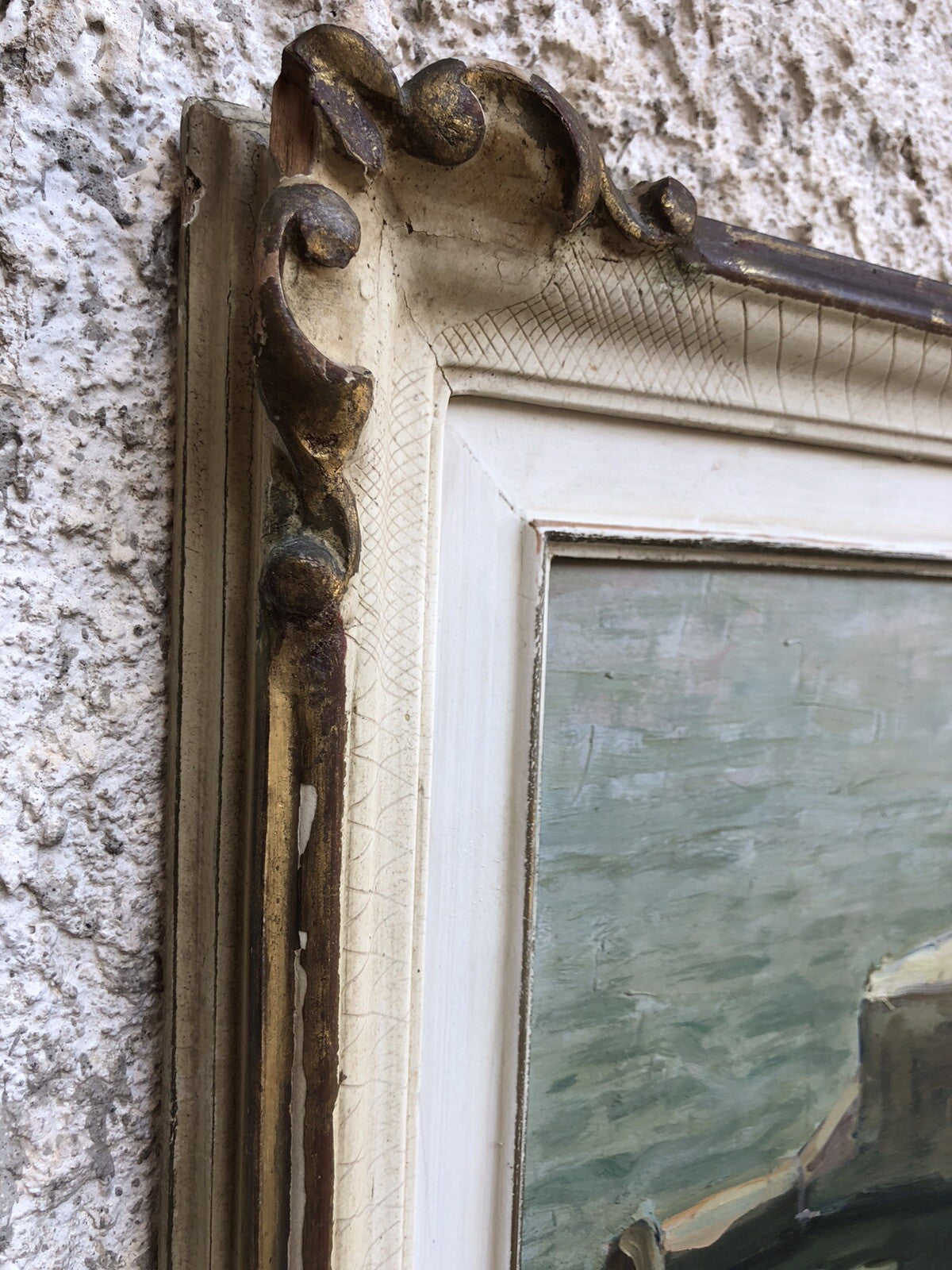 Quadro vintage francese -Barca Al Molo- dipinto a olio su tavoletta