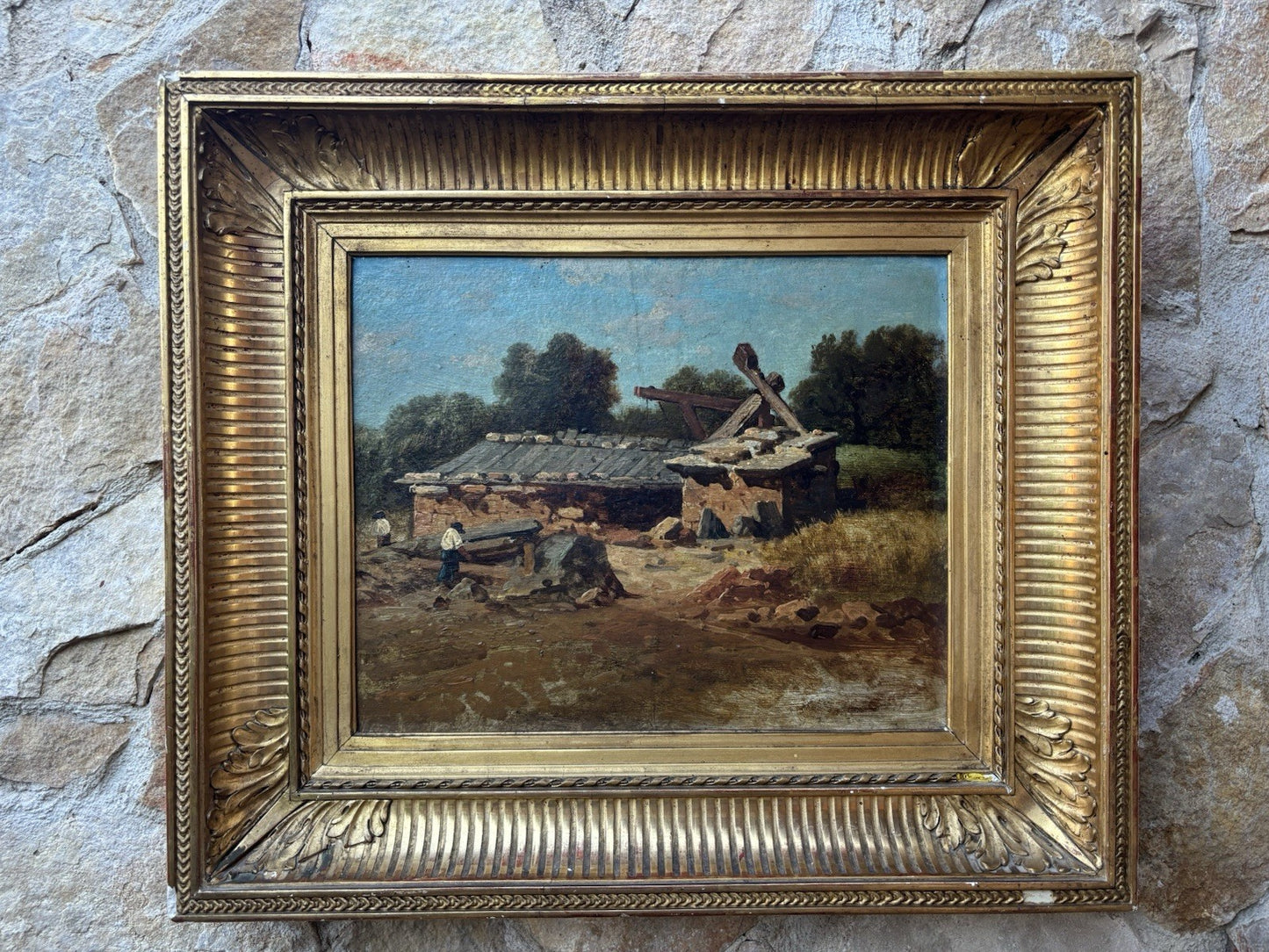 Quadro antico scuola francese -Paesaggio- dipinto a olio