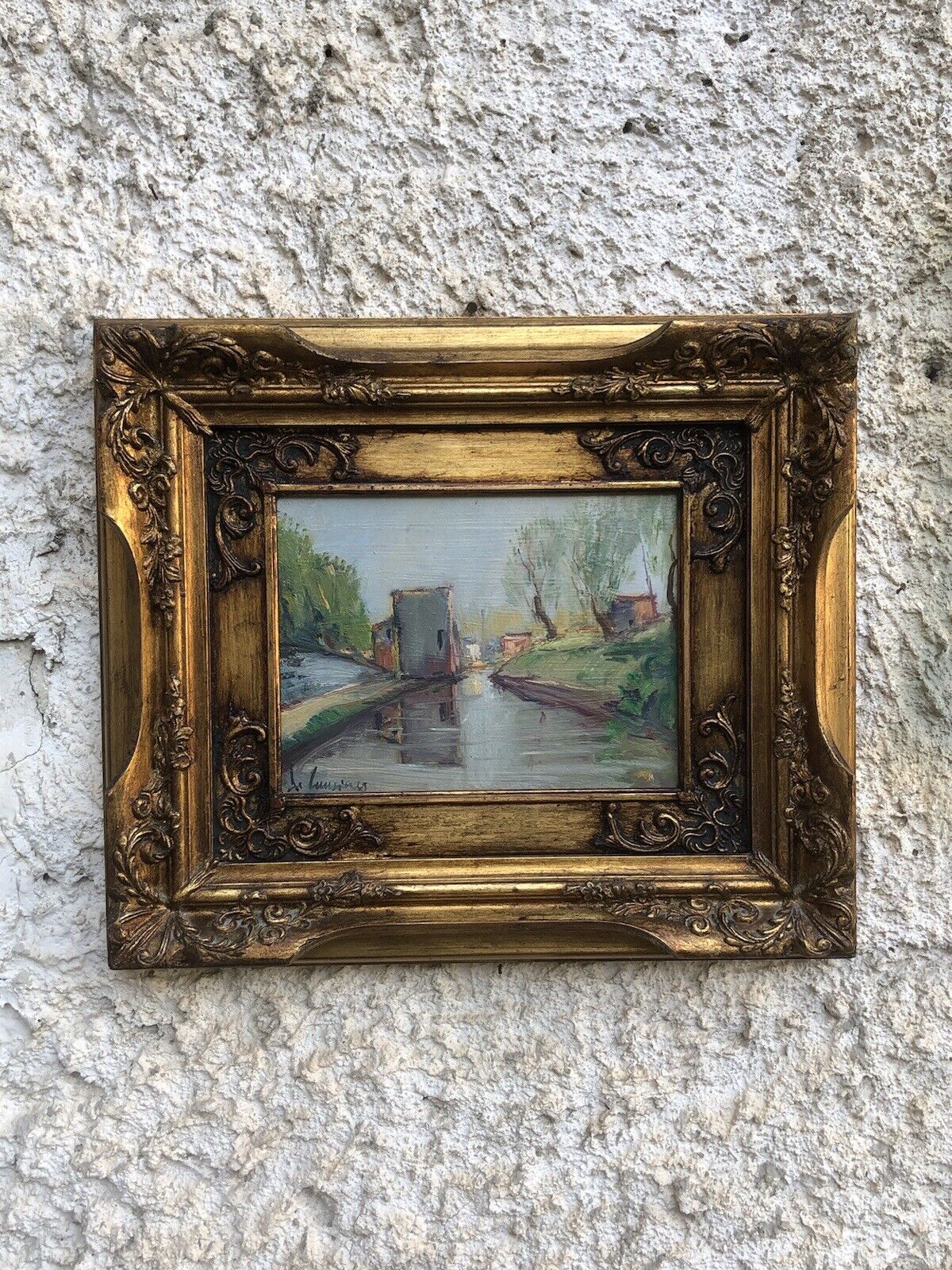 Quadro vintage -Paesaggio Con Fiume- dipinto a olio