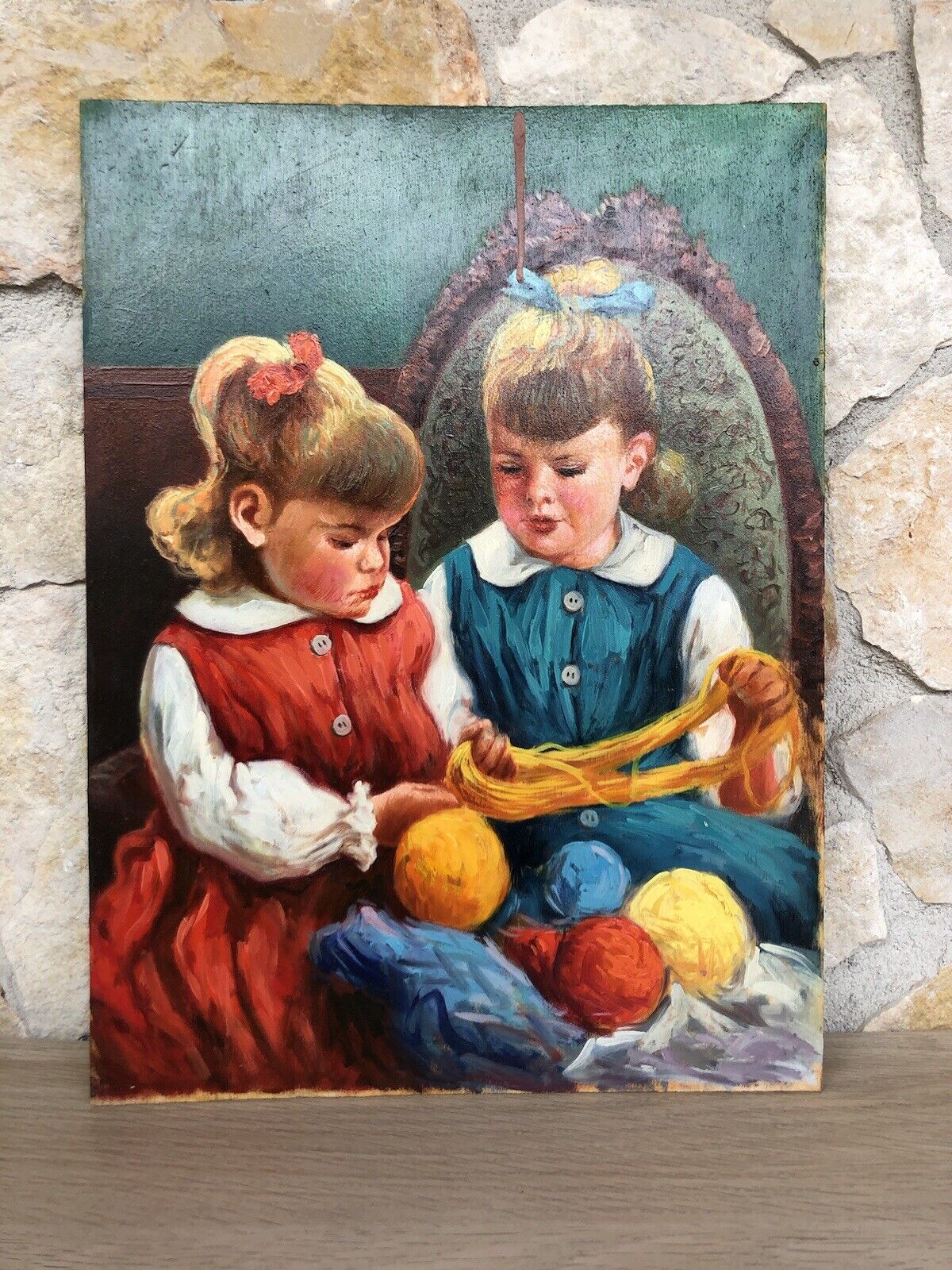 Quadro -Fanciulle Con Gomitoli Di Lana- dipinto a olio su tavoletta