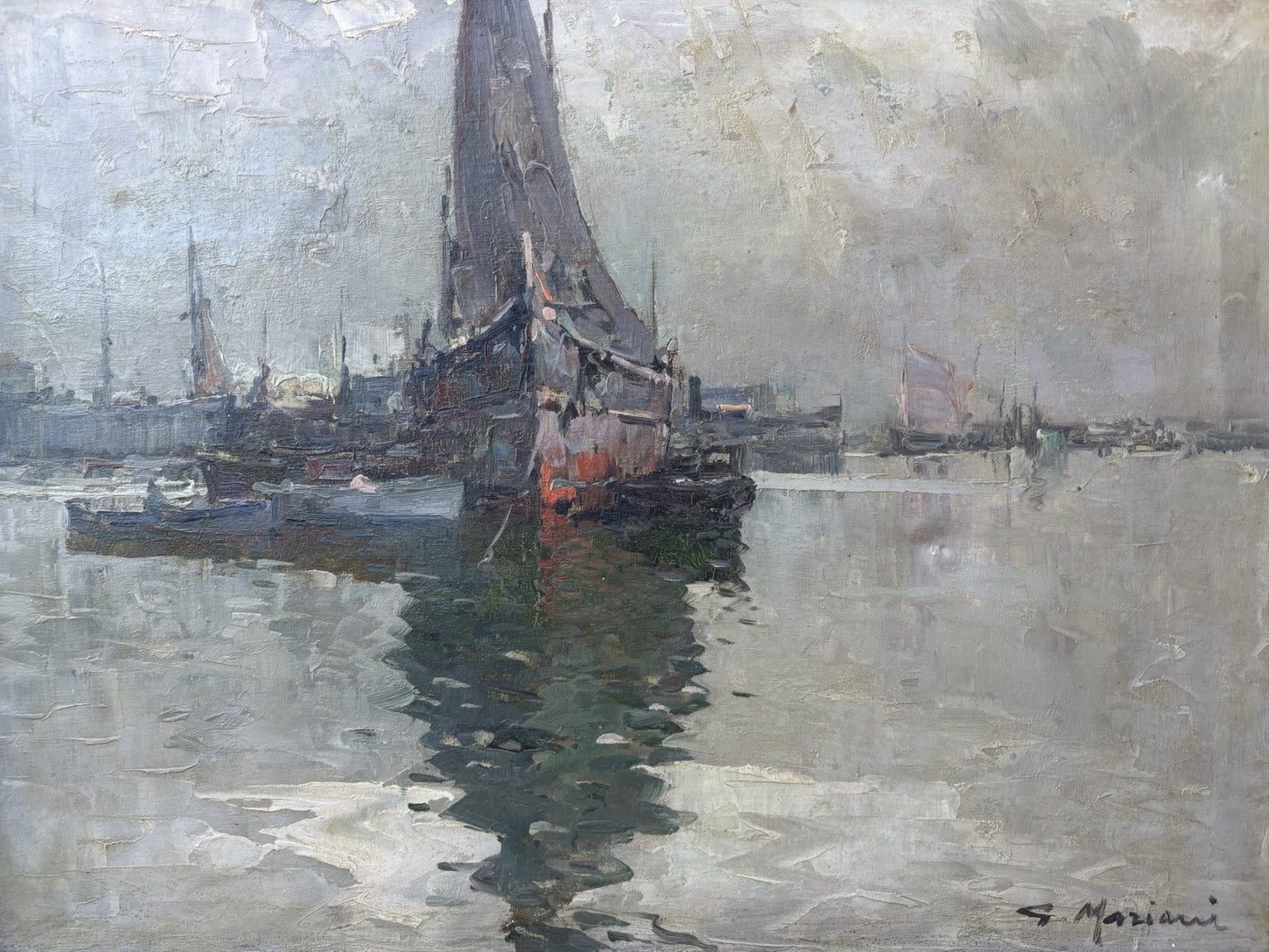 Quadro -Marina Con Barche- dipinto a olio su tela