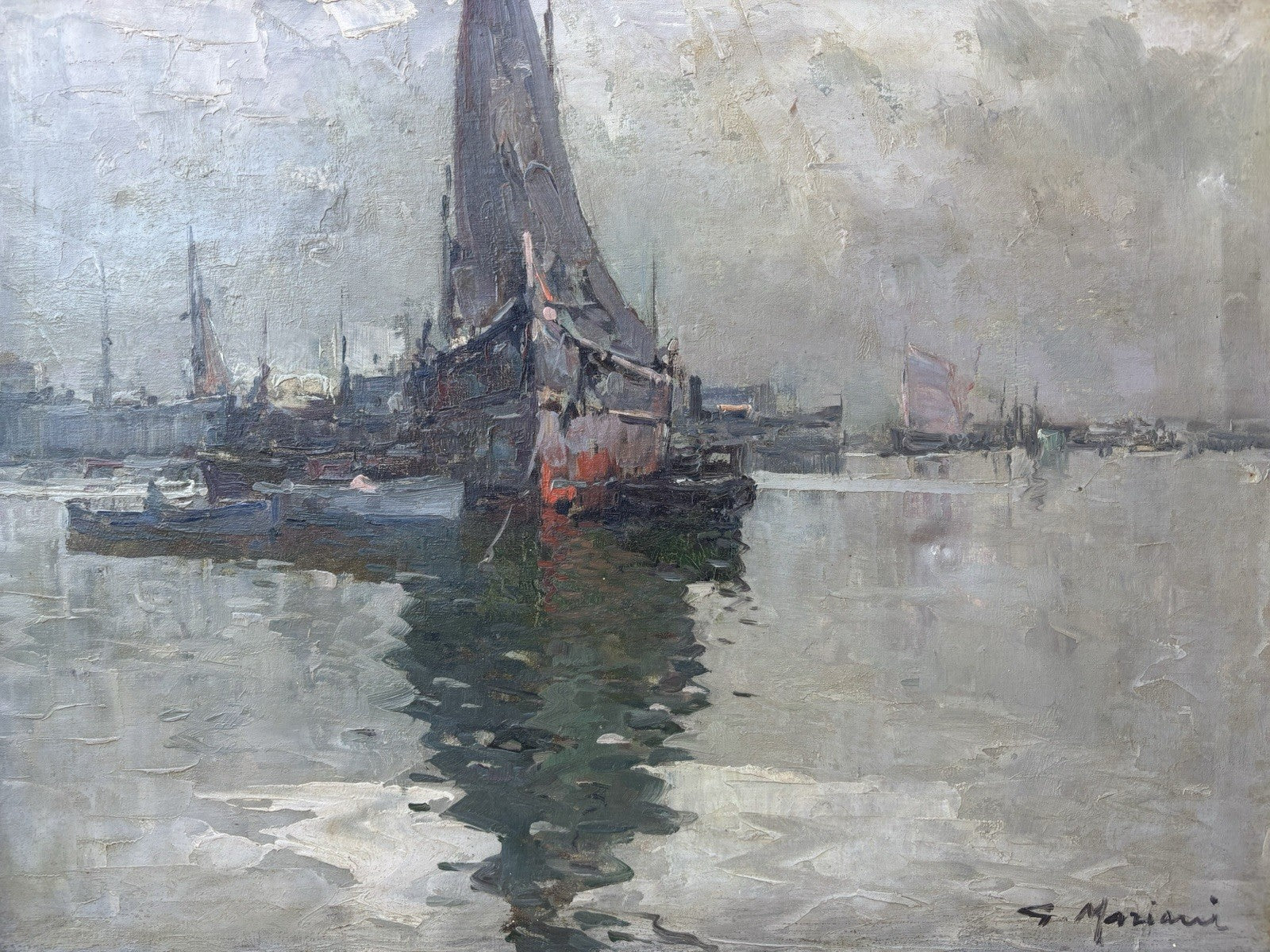 Quadro -Marina Con Barche- dipinto a olio su tela