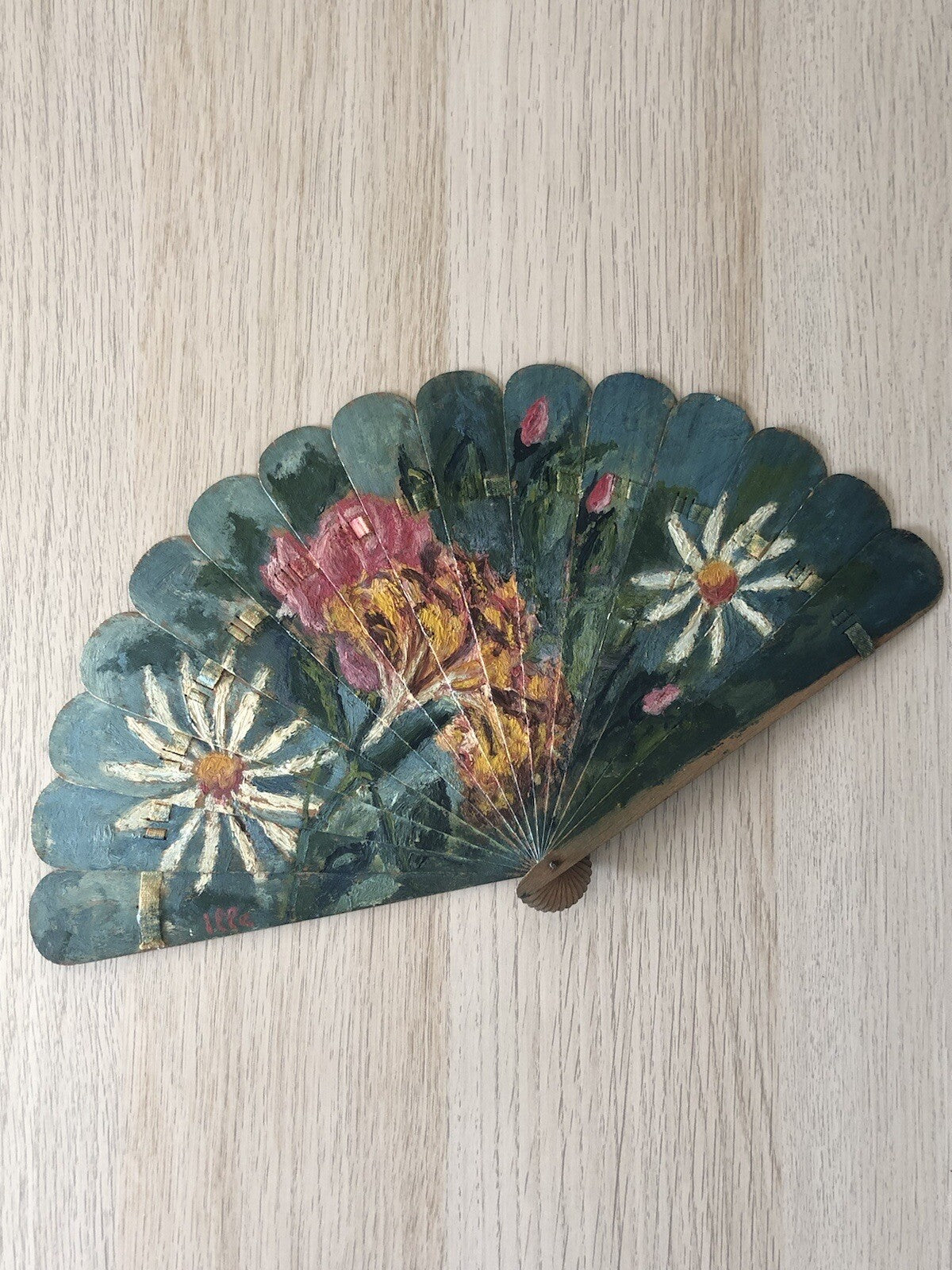 Ventaglio In Legno Dipinto A Olio Vintage