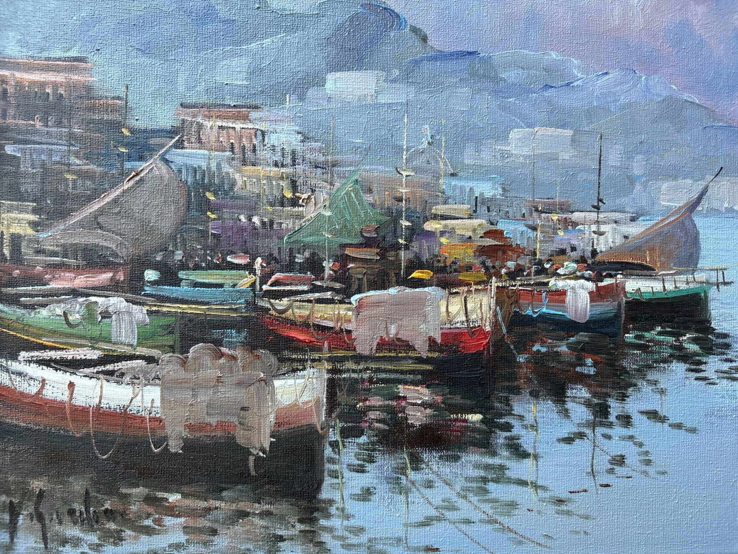 Quadro -Barche Al Porto- dipinto a olio su tela