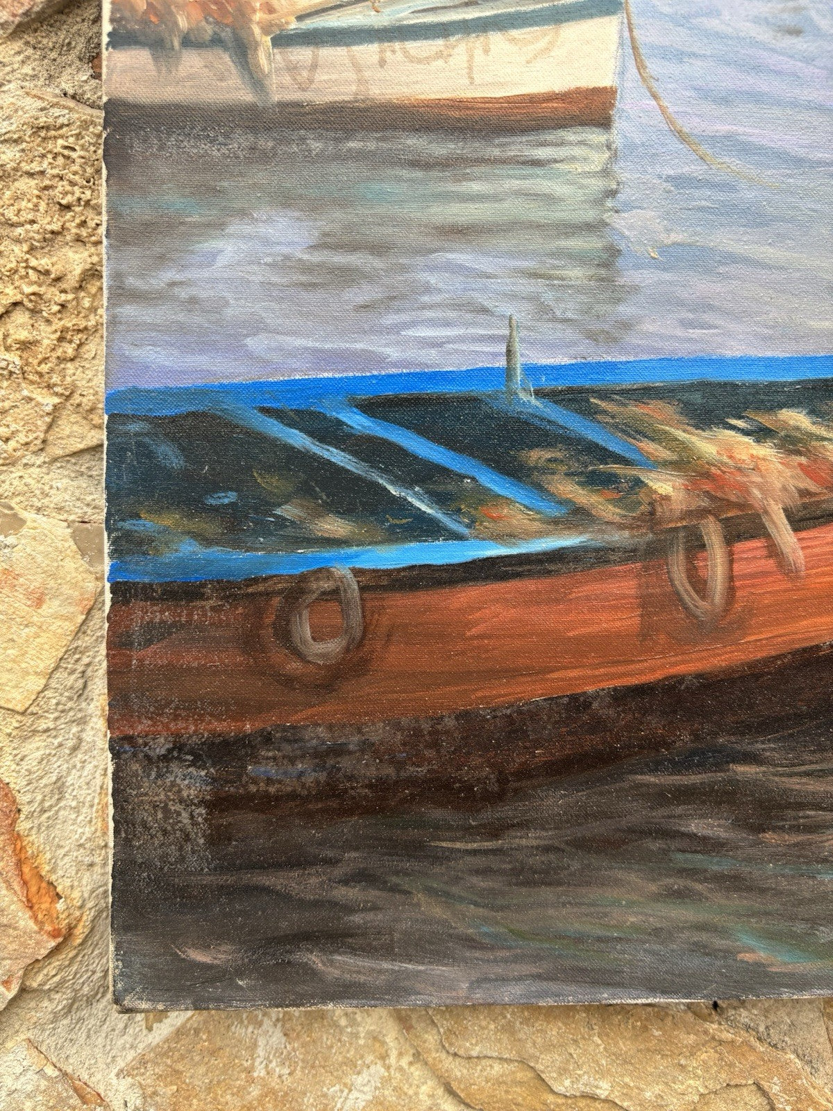 Quadro -Marina Con Barche- dipinto a olio su tela