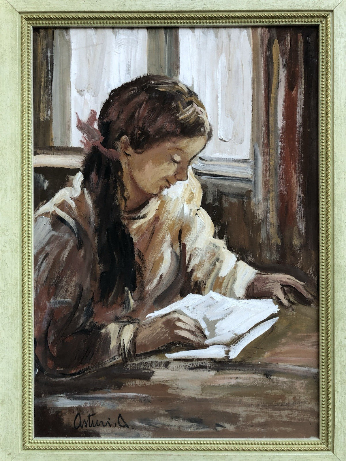 Quadro -Giovane Lettrice- Antonio Asturi tecnica mista su cartoncino