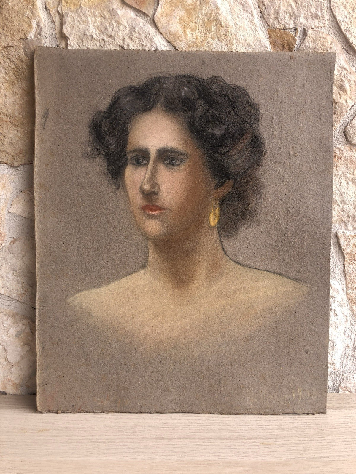 Quadro antico -Ritratto Di Donna- realizzato a pastello su carta