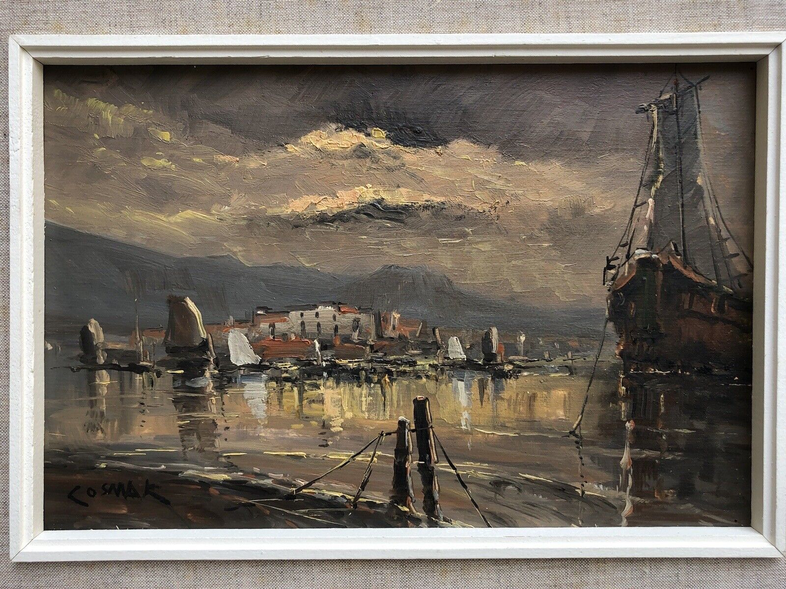 Quadro vintage -Marina Al Tramonto- dipinto a olio su tavoletta