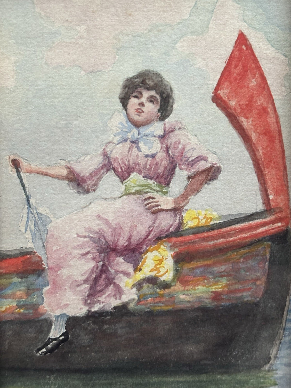 Piccolo quadro miniatura -Donna Su Barca- realizzato ad acquerello su carta