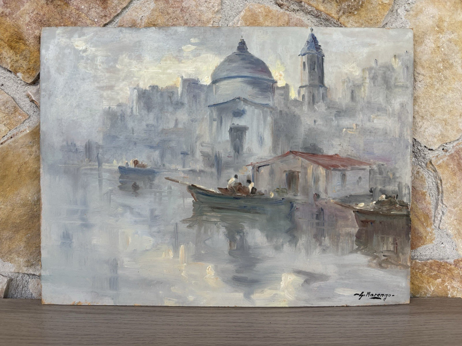 Quadro -Marina Con Barche- dipinto a olio