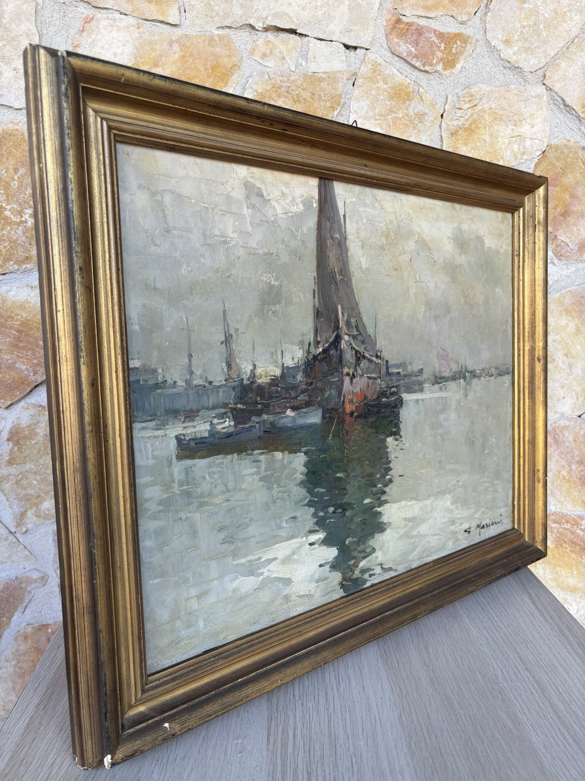 Quadro -Marina Con Barche- dipinto a olio su tela