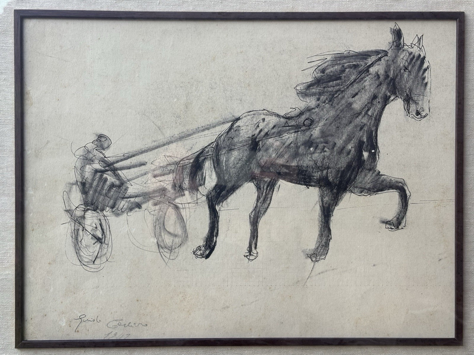 Quadro -Calesse Con Cavallo- Guido Casciaro disegno su carta