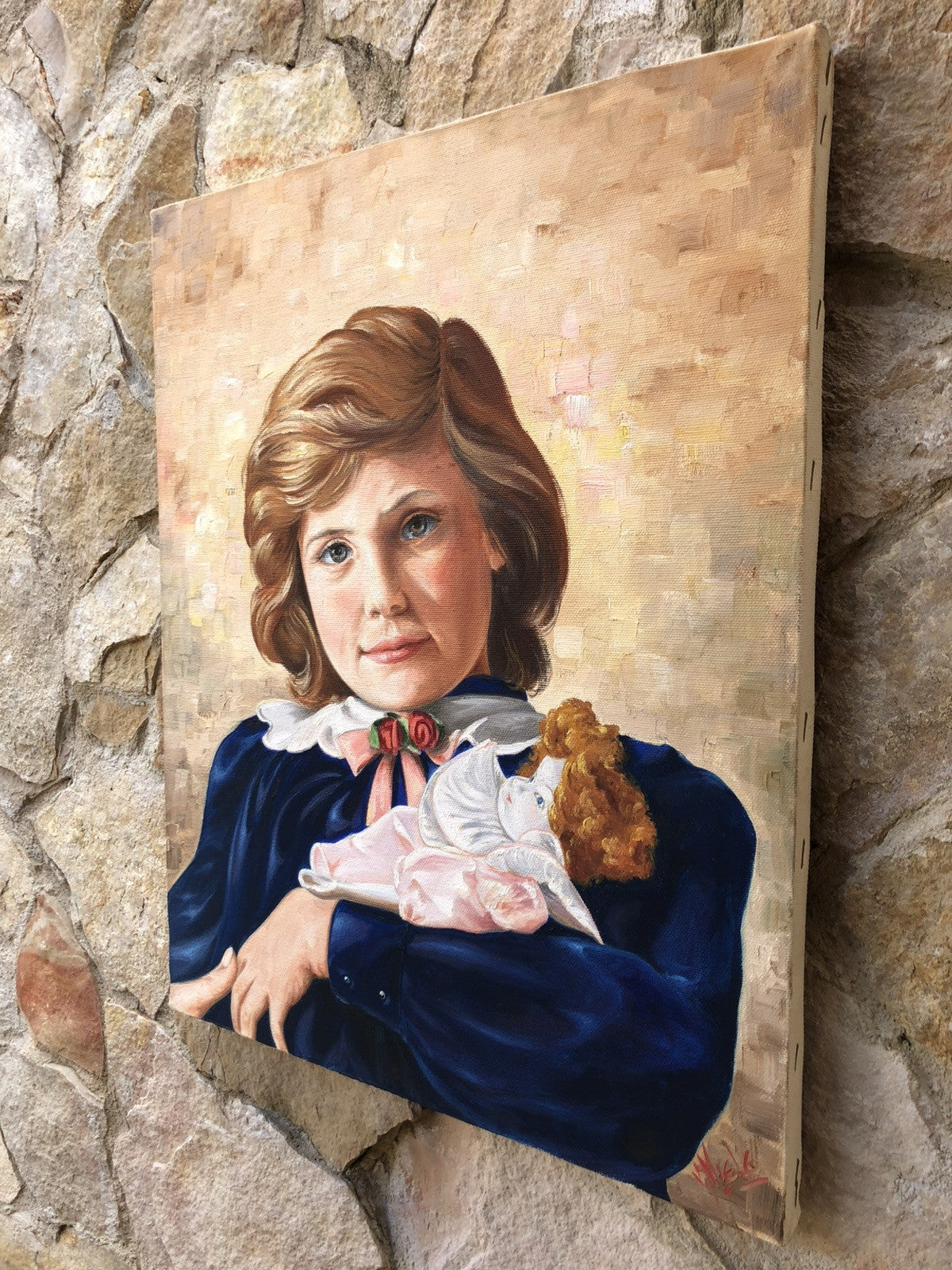 Quadro -Ragazza Con Bambola- dipinto a olio su tela