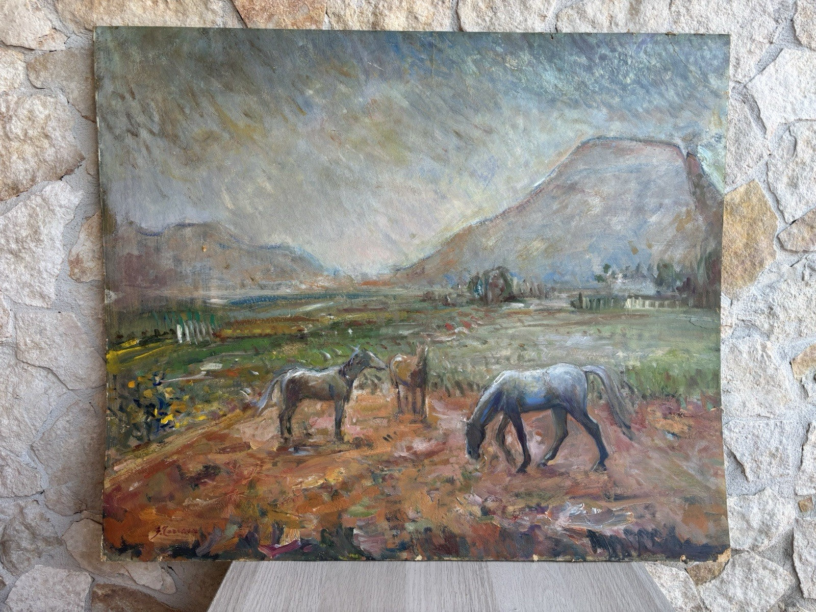 Vecchio quadro -Cavalli Al Pascolo- Ferruccio Torraca- dipinto a olio