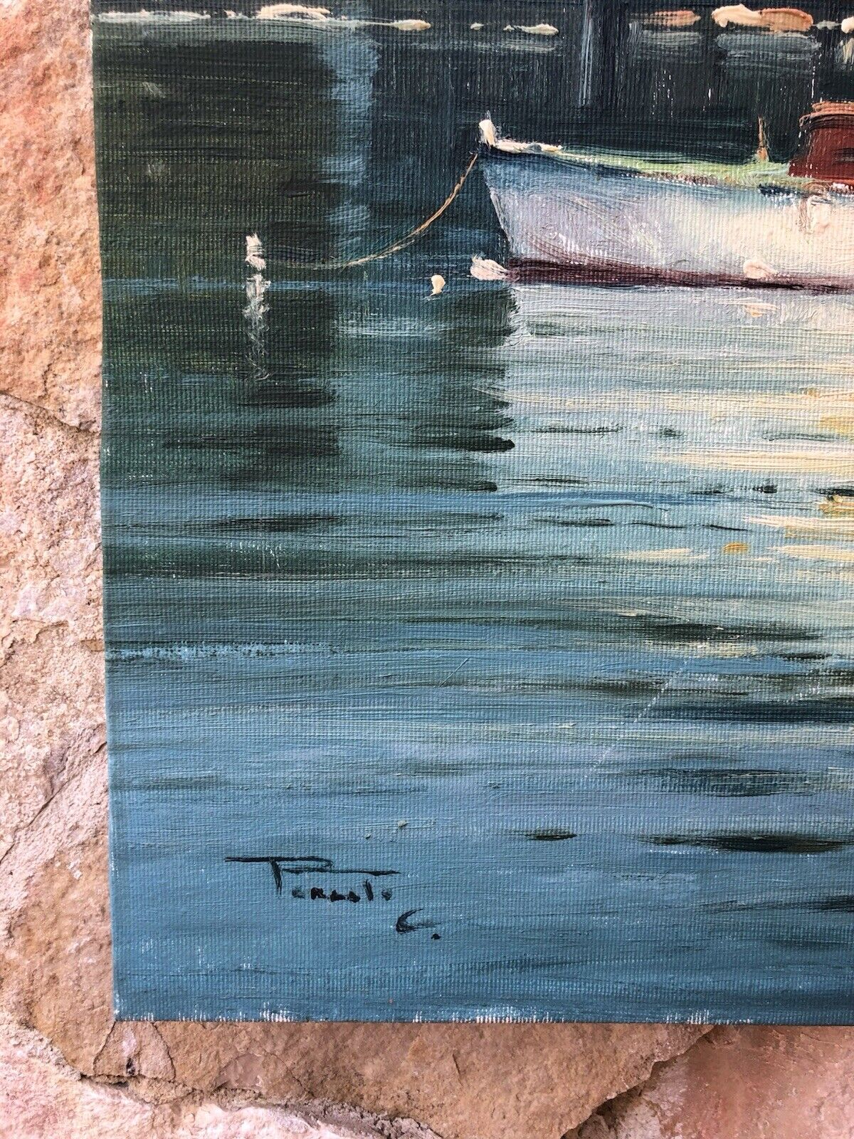 Quadro -Marina Con Barche- dipinto a olio su tela