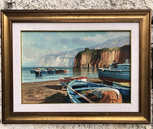 Quadro -Marina Con Barche- dipinto a olio su tela