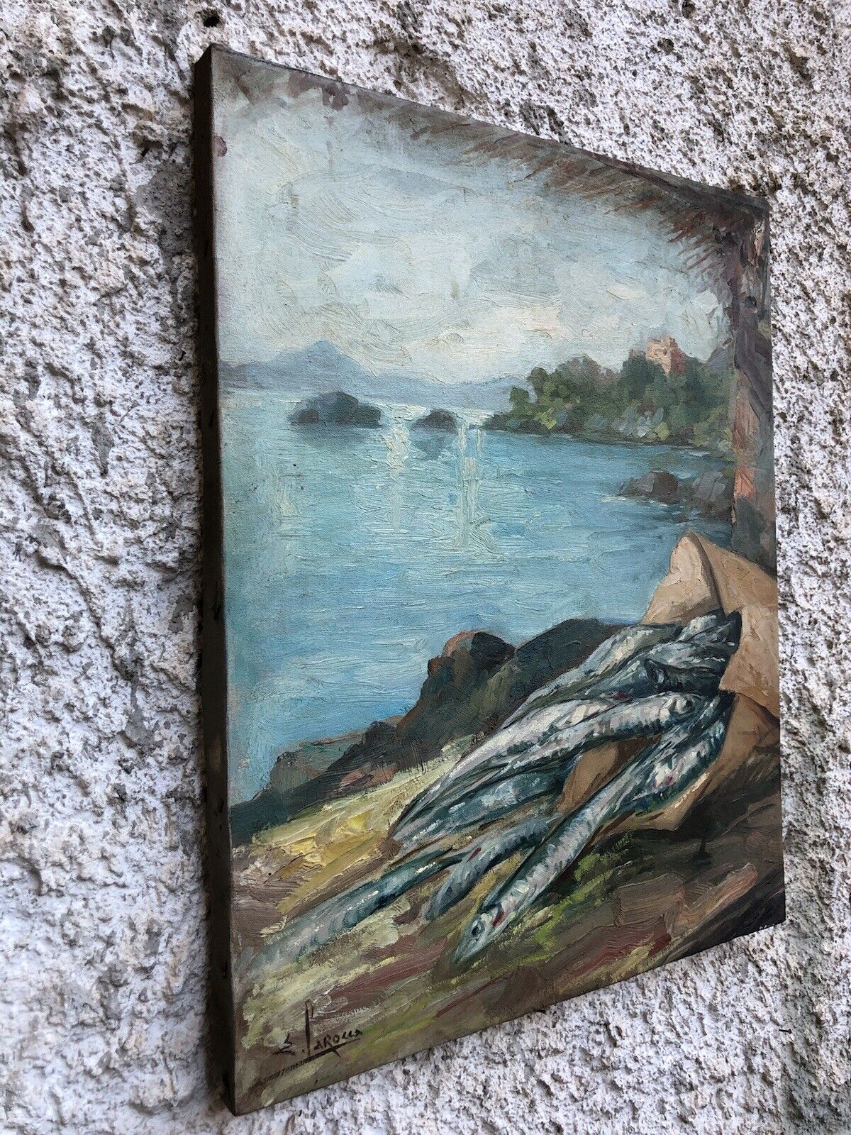 Quadro vintage -Paesaggio Con Natura Morta- dipinto a olio su tela