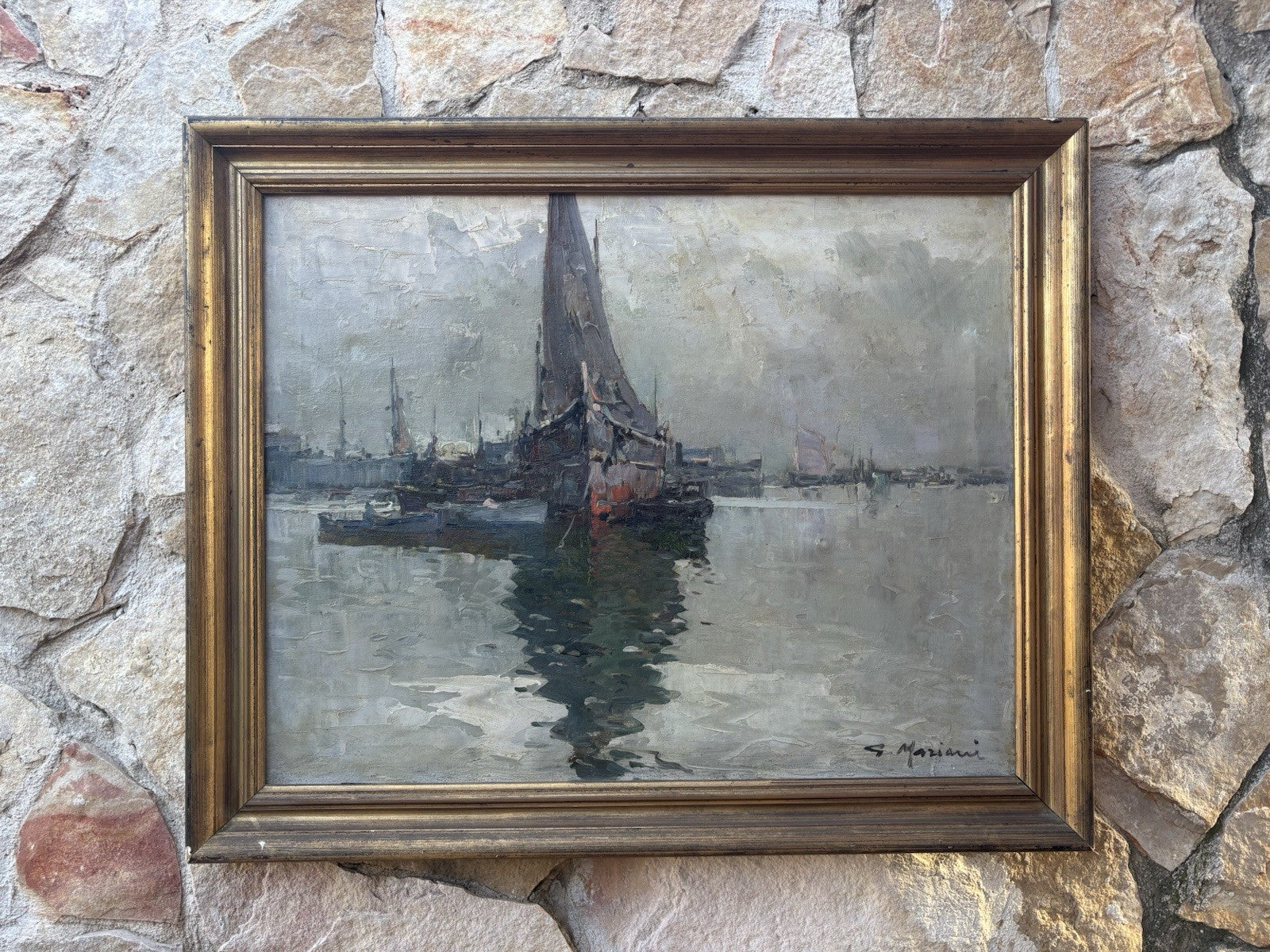 Quadro -Marina Con Barche- dipinto a olio su tela