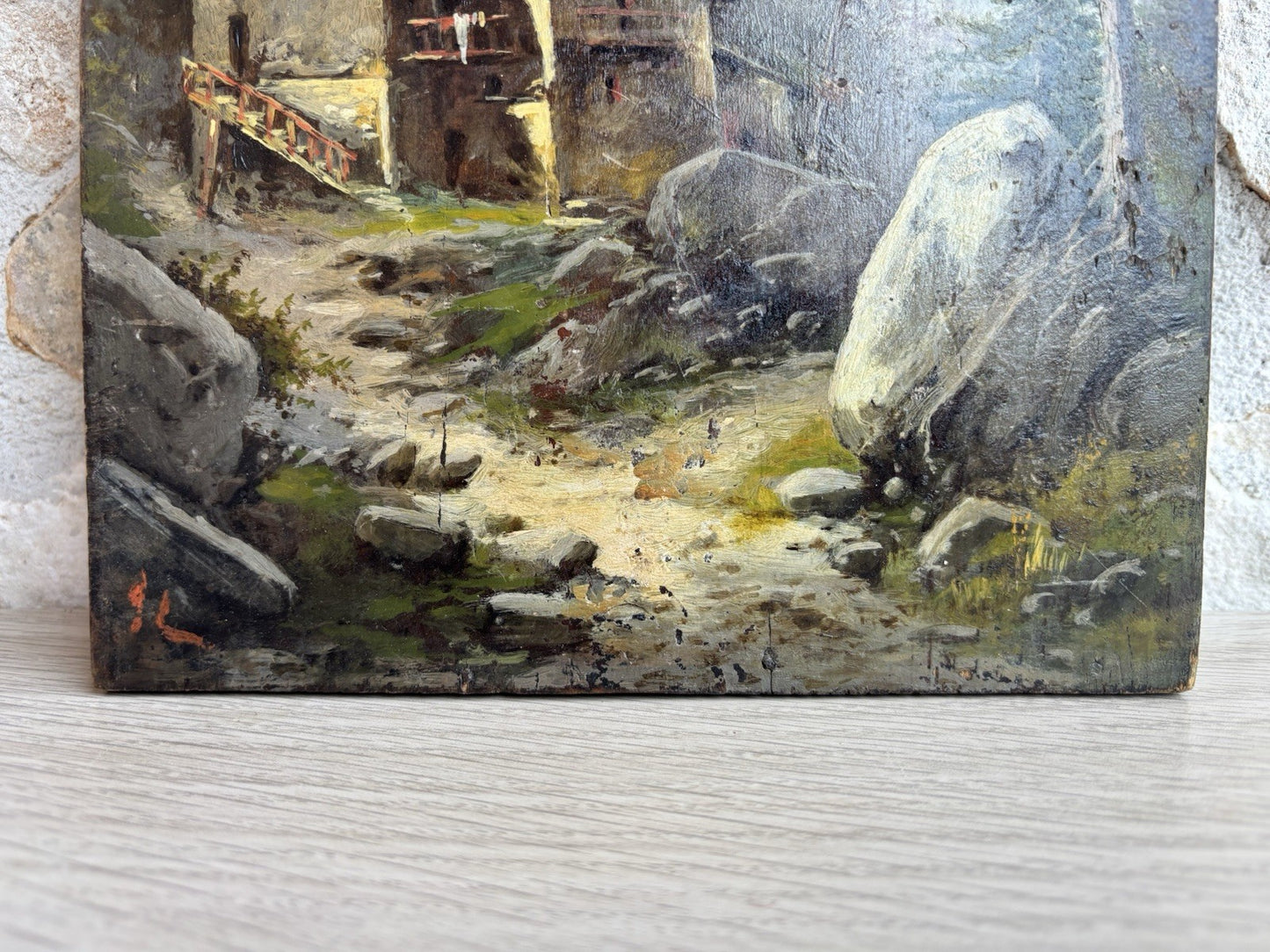 Quadro antico -Paesaggio Alpino- dipinto a olio su tavola