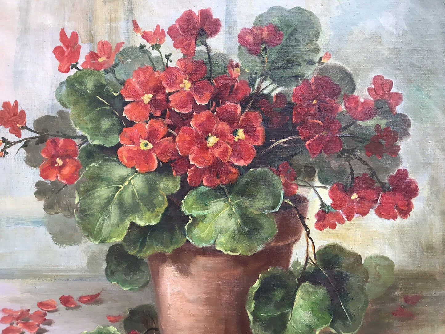 QUADRO VINTAGE -VASO CON GERANI-DIPINTO A OLIO SU TELA