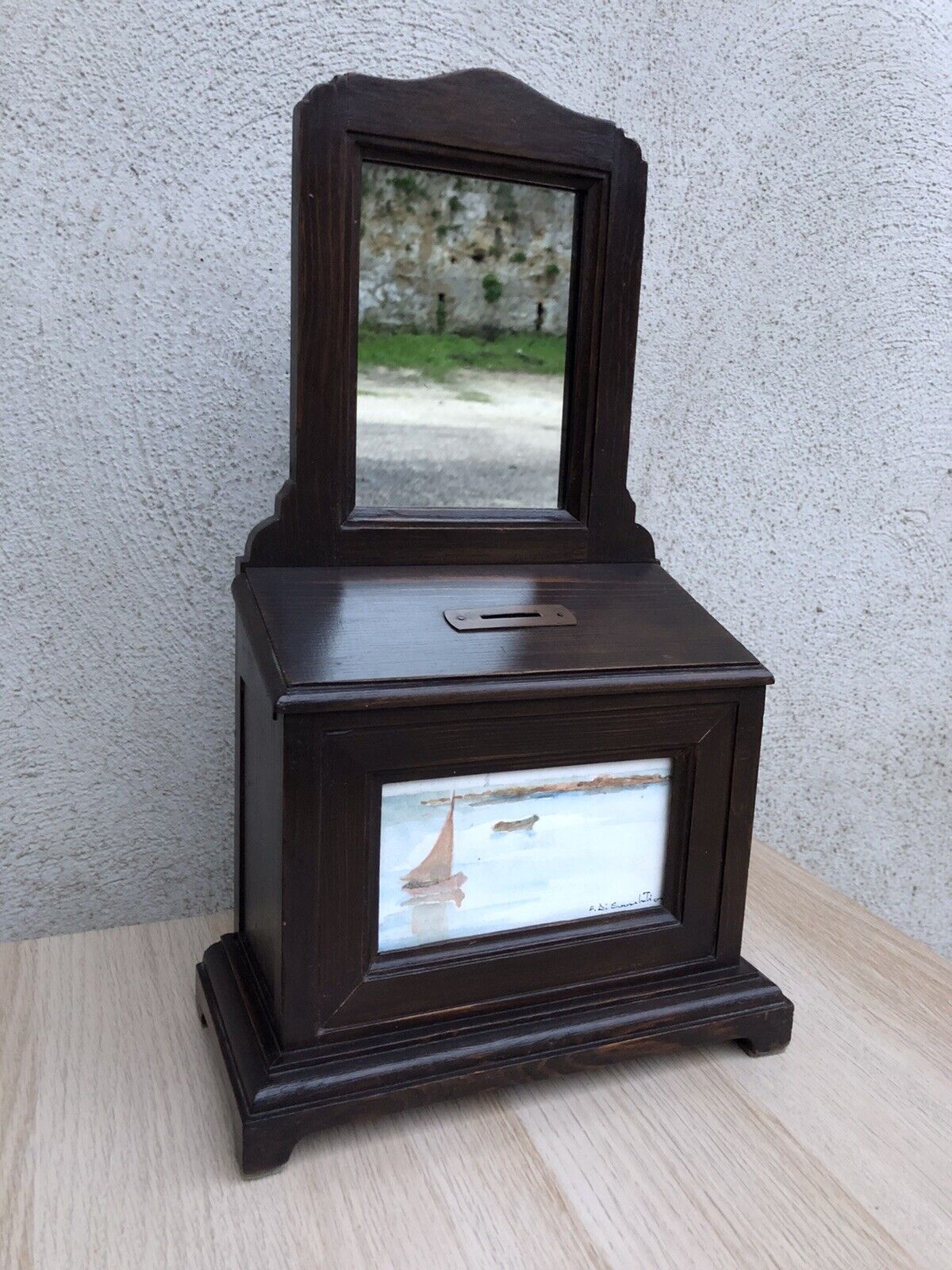 Specchiera in legno vintage con dipinto su cartoncino