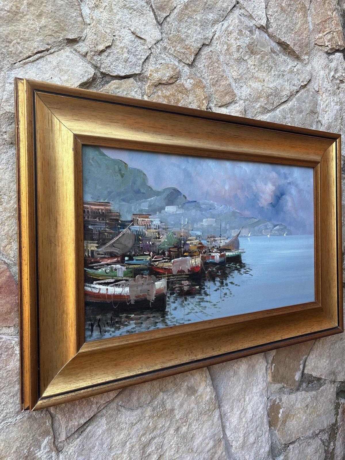 Quadro -Barche Al Porto- dipinto a olio su tela