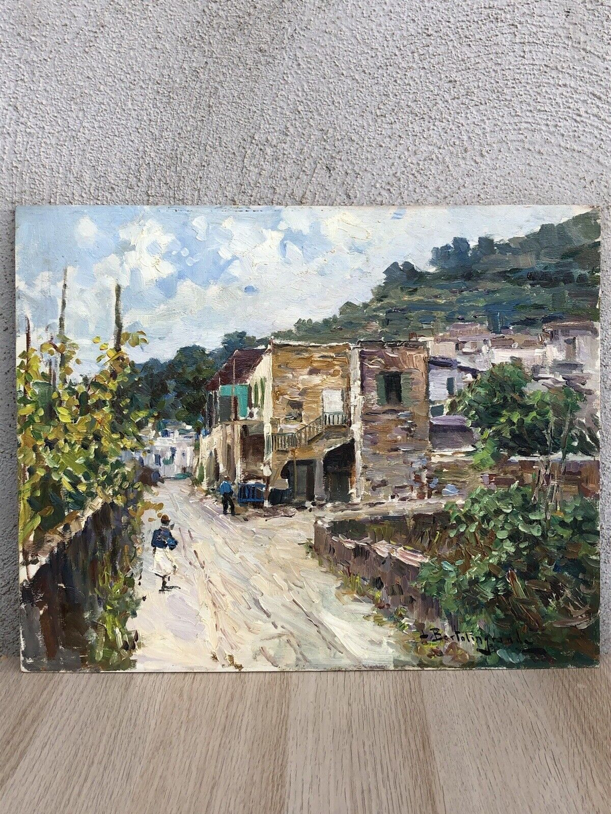 Quadro vintage -Paesaggio Con Case- dipinto a olio su tavoletta