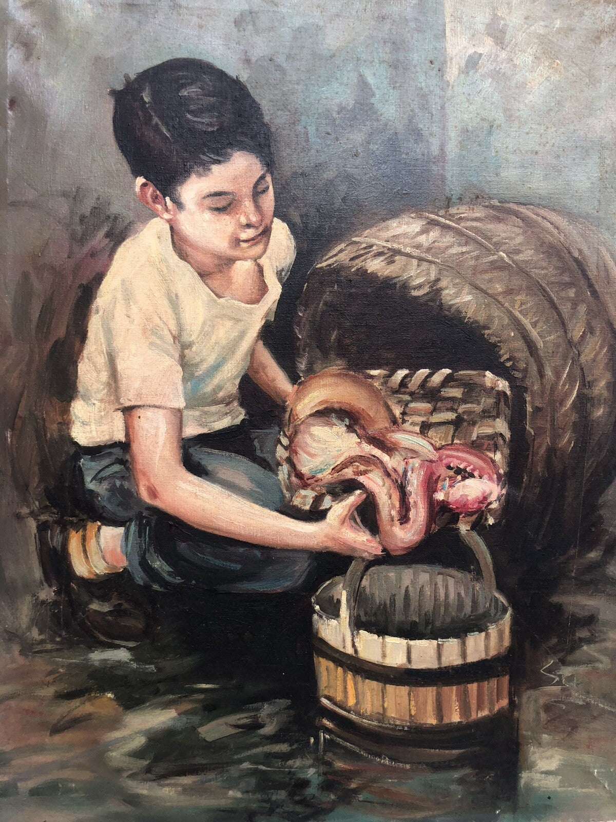 Quadro vintage -Pescivendolo- dipinto a olio su tela