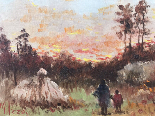 Quadro vintage -Tramonto-dipinto a olio su tavoletta