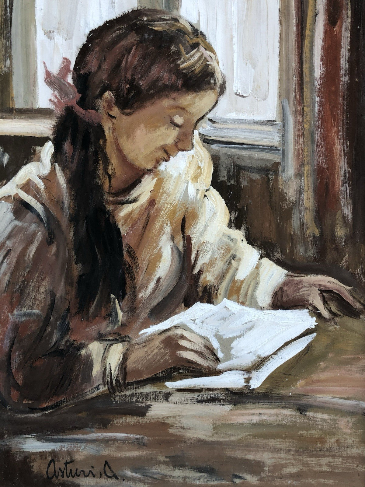 Quadro -Giovane Lettrice- Antonio Asturi tecnica mista su cartoncino