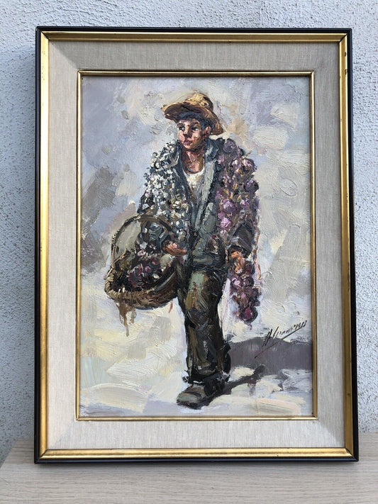 Quadro vintage -Ragazzo Con Cipolle- dipinto a olio su tavoletta