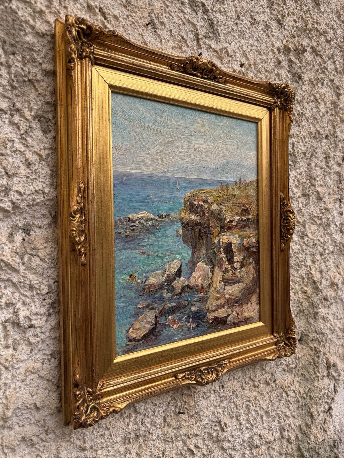 Quadro -Marina Con Bagnanti- dipinto a olio su tavoletta