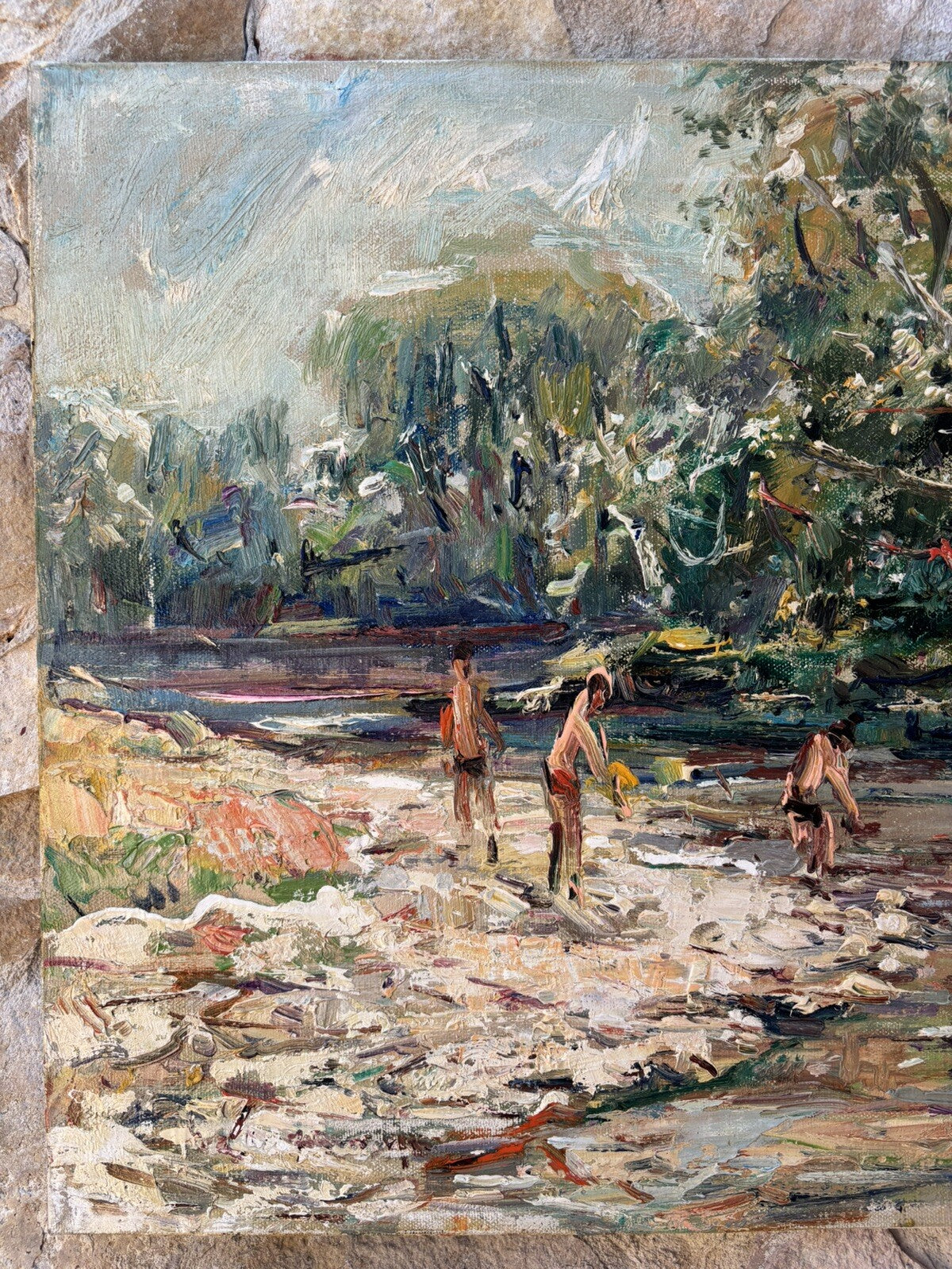 Quadro vintage -Bagnanti Al Fiume- dipinto a olio su tela