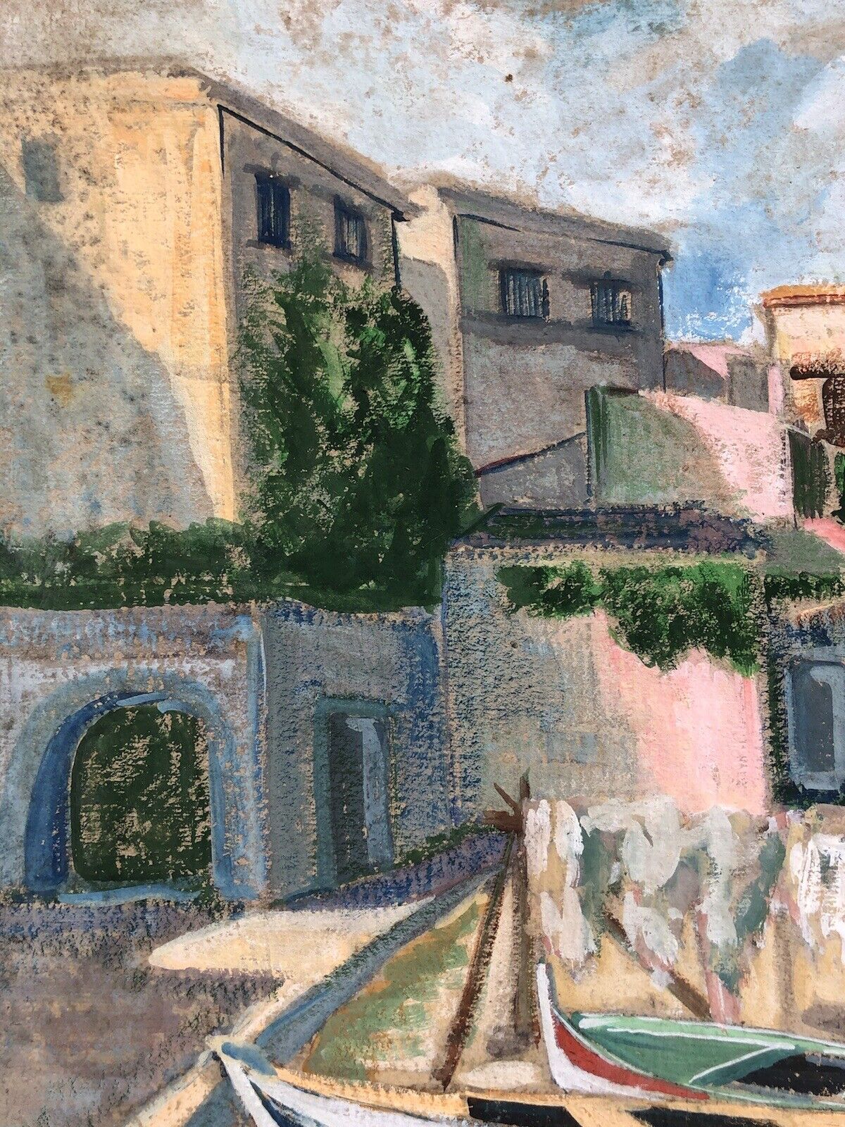 Quadro vintage -Barche A Riposo- dipinto a tecnica mista su cartoncino