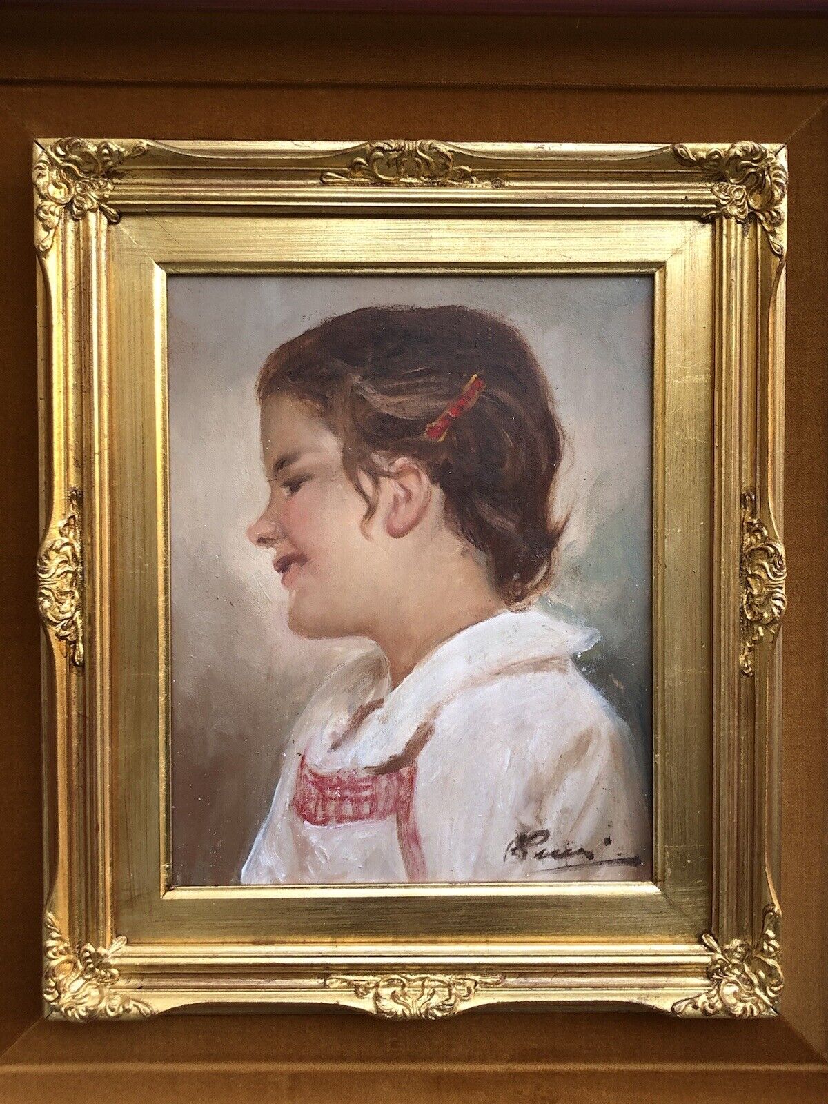 Quadro vintage -Profilo Fanciulla- dipinto a olio su tavoletta