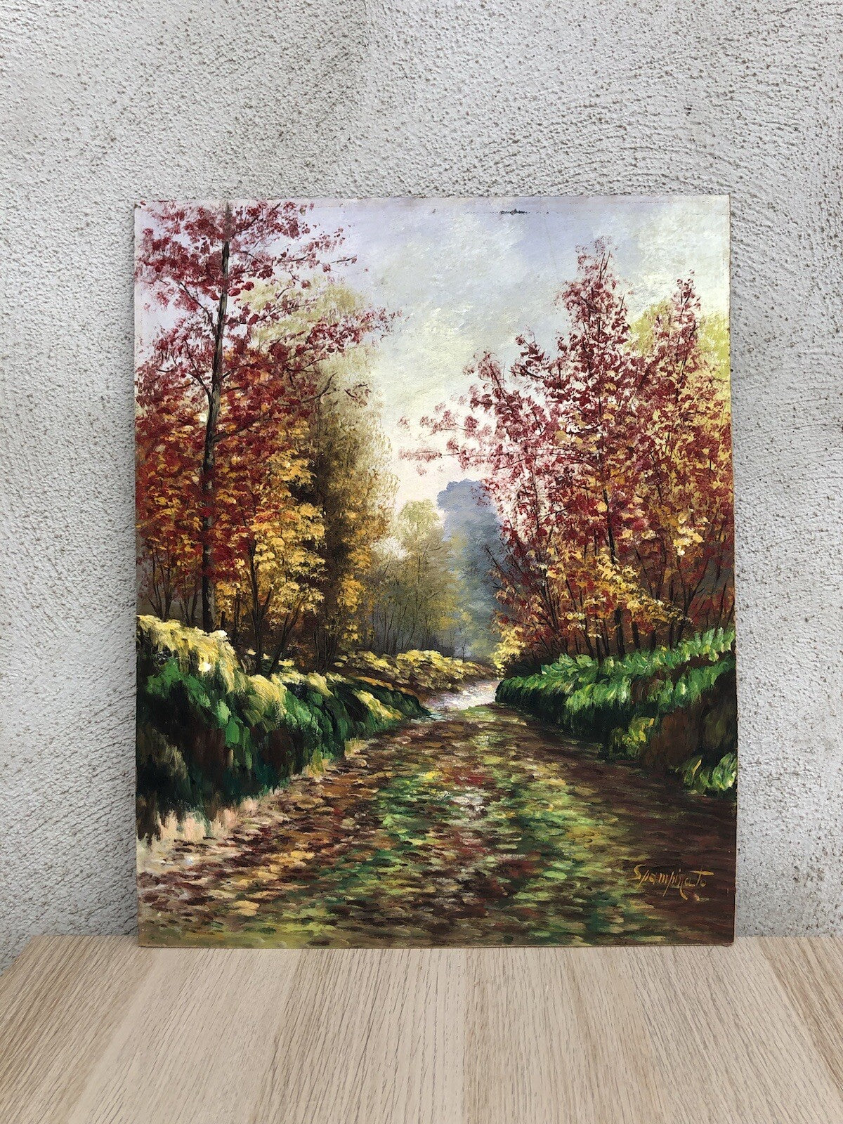 Quadro vintage -Paesaggio Boschivo- dipinto a olio su masonite