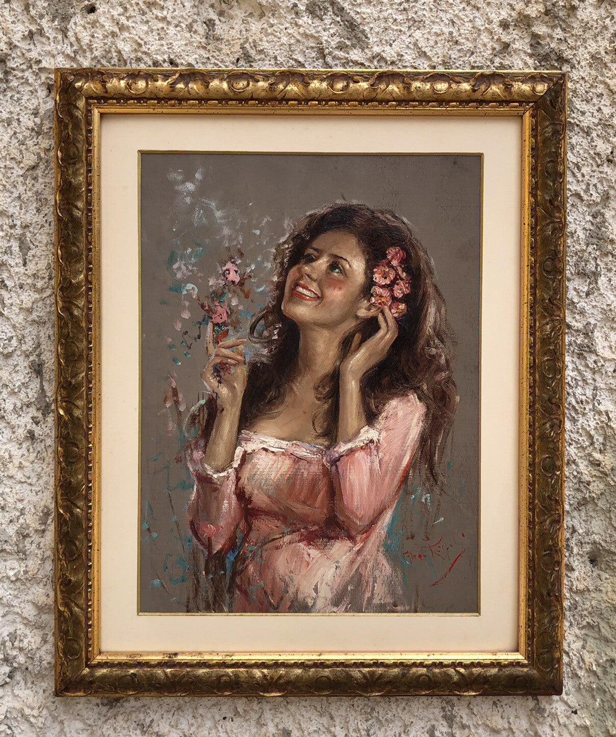 Quadro vintage -Fanciulla tra i fiori-dipinto a olio su tavola