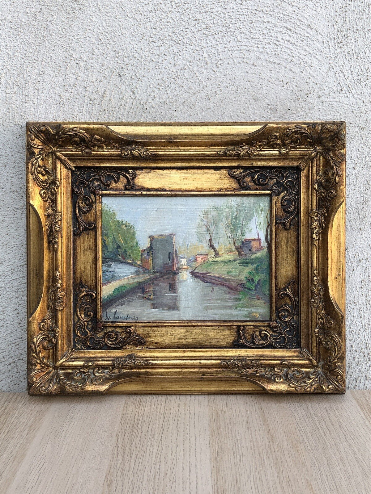 Quadro vintage -Paesaggio Con Fiume- dipinto a olio