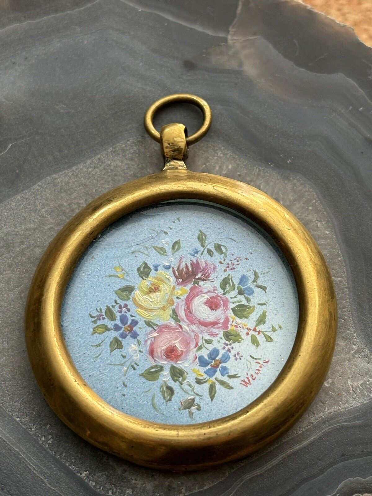 Quadretto Vintage Miniatura Fiori Dipinto A Olio