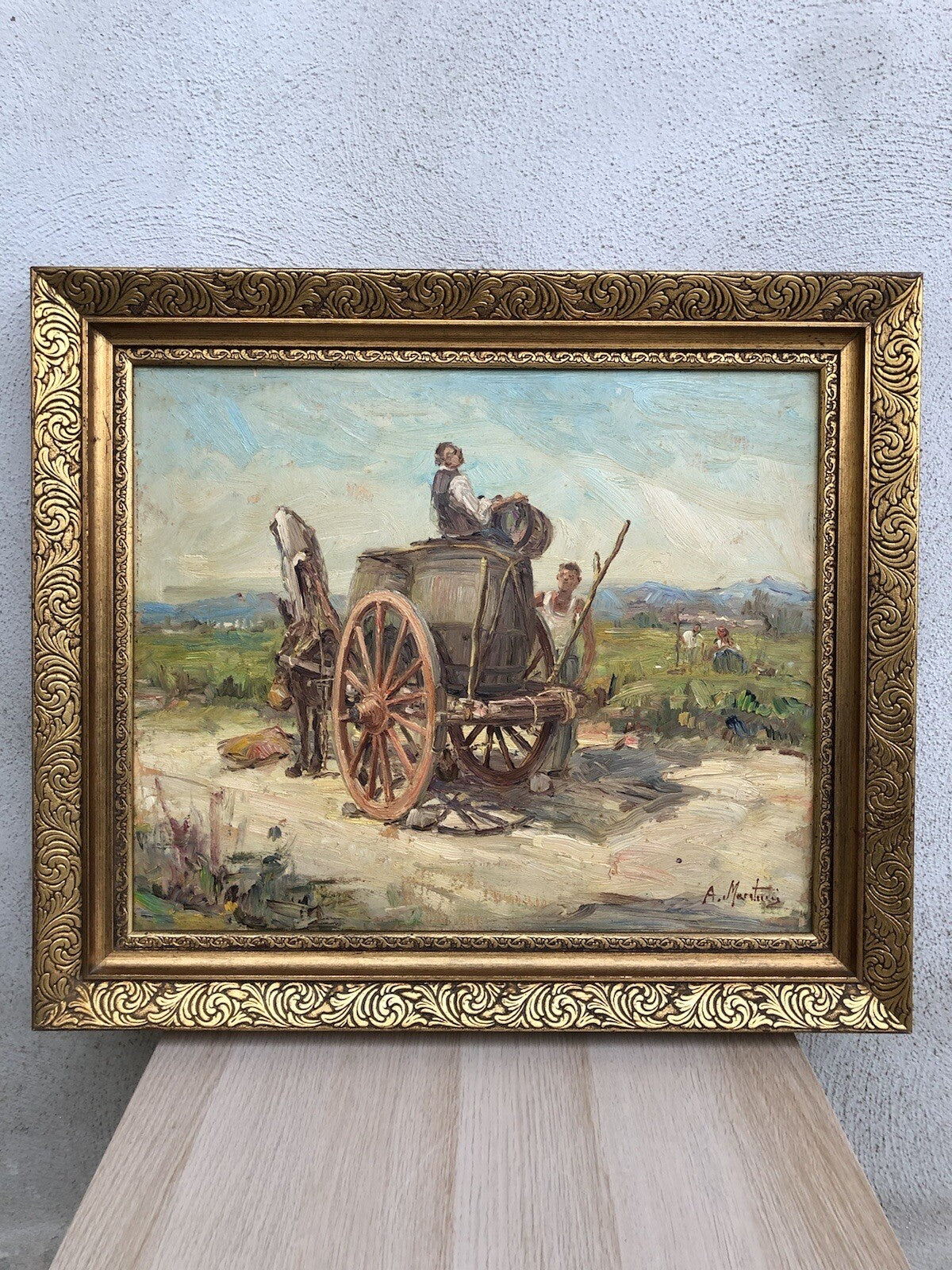 Quadro vintage -Paesaggio Con Carretto- dipinto a olio su tavoletta
