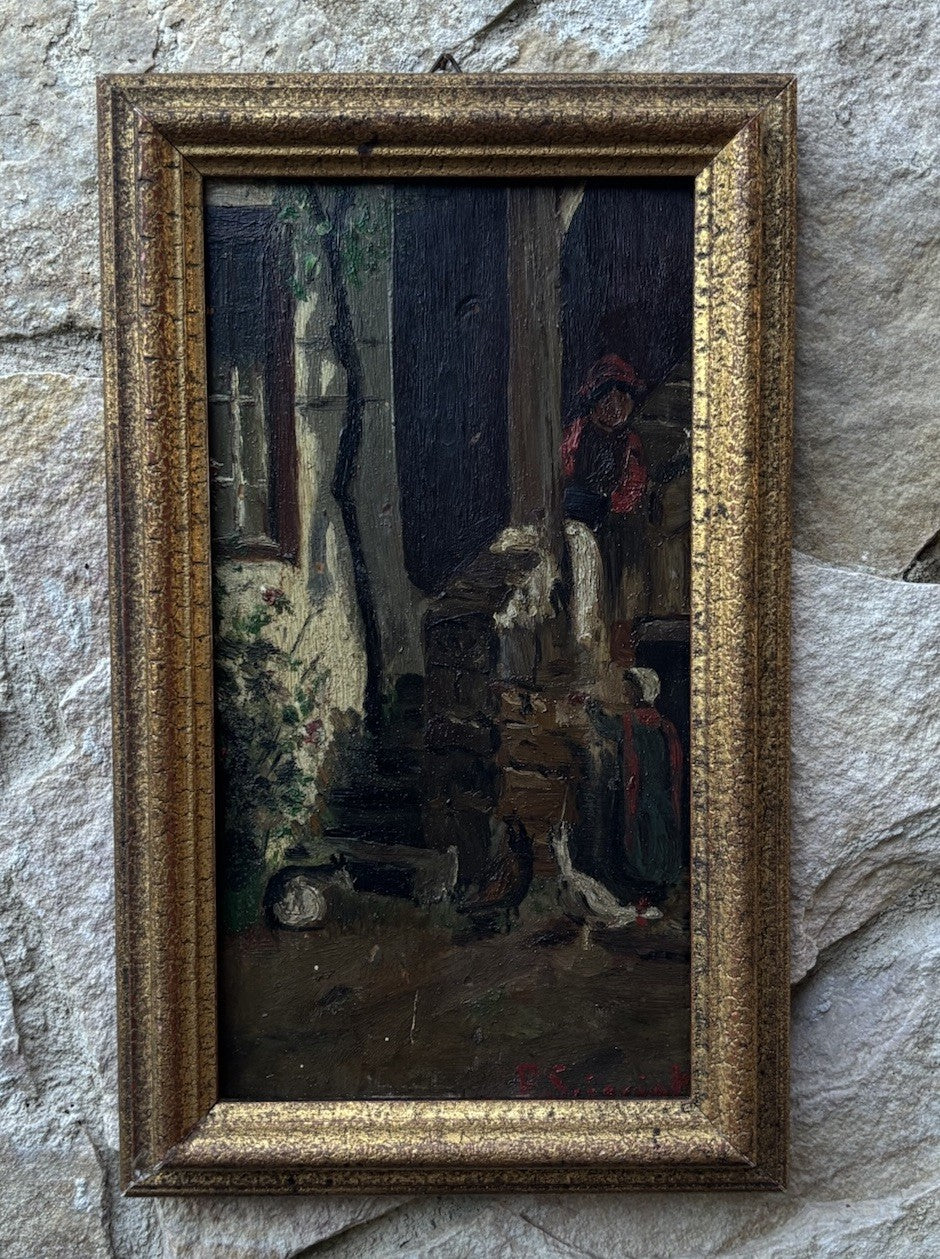 Quadro miniatura antico -Cortile- dipinto a olio su tavoletta