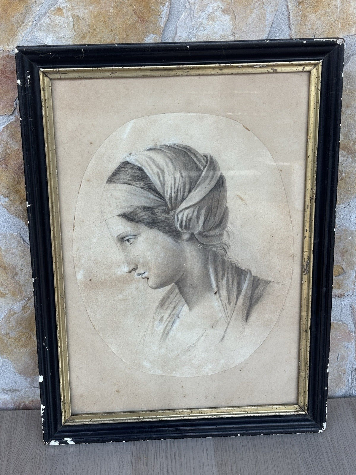 Quadro antico -Profilo Di Donna- disegno su carta