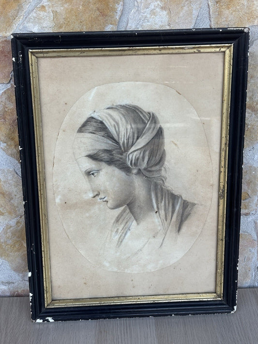 Quadro antico -Profilo Di Donna- disegno su carta