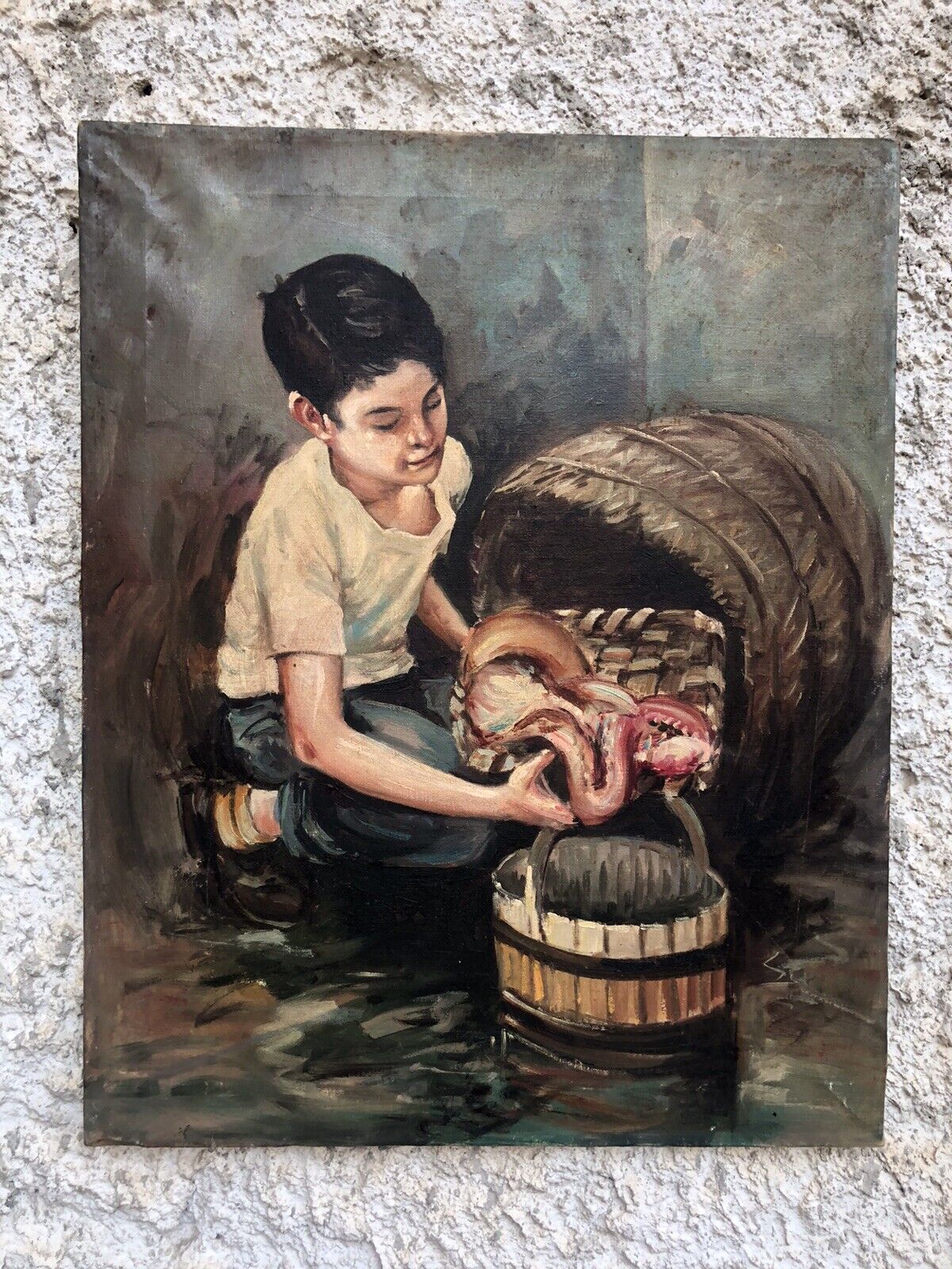 Quadro vintage -Pescivendolo- dipinto a olio su tela