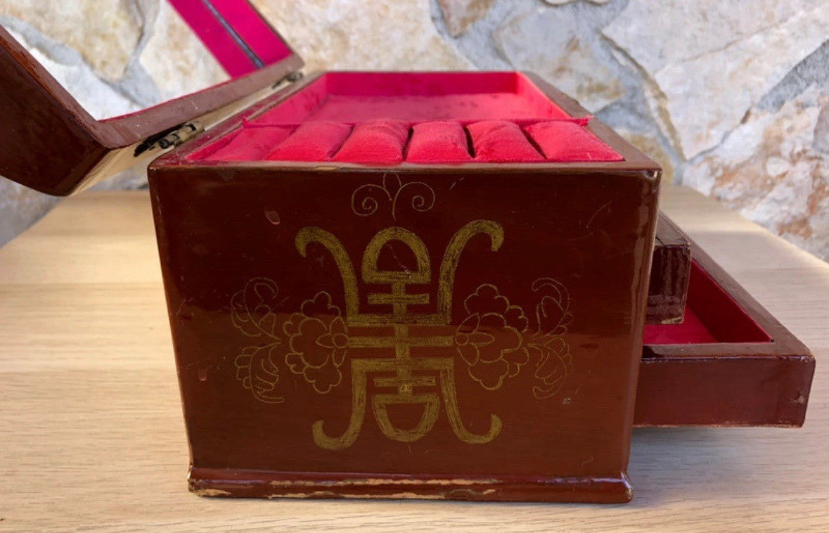 Scatola Orientale Portagioie Vintage In Legno Con Specchio Interno