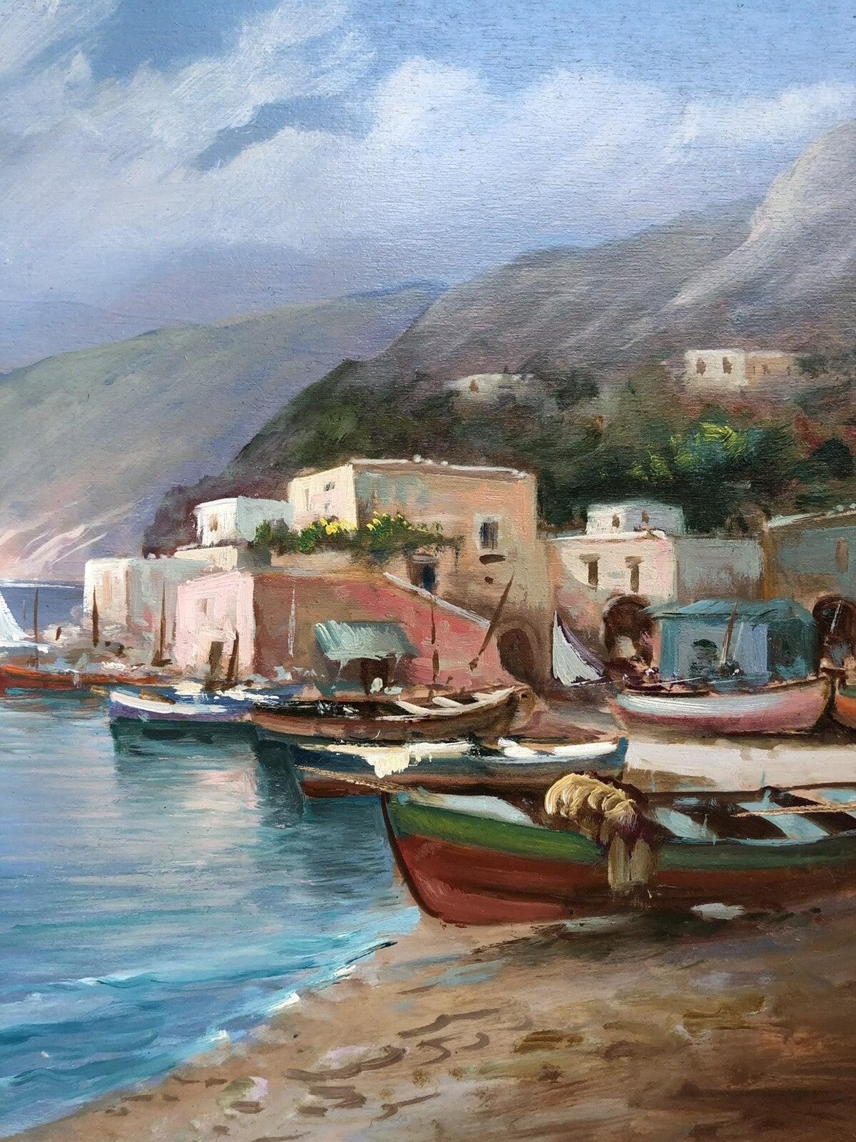 Quadro vintage -Marina Con Barche- dipinto a olio