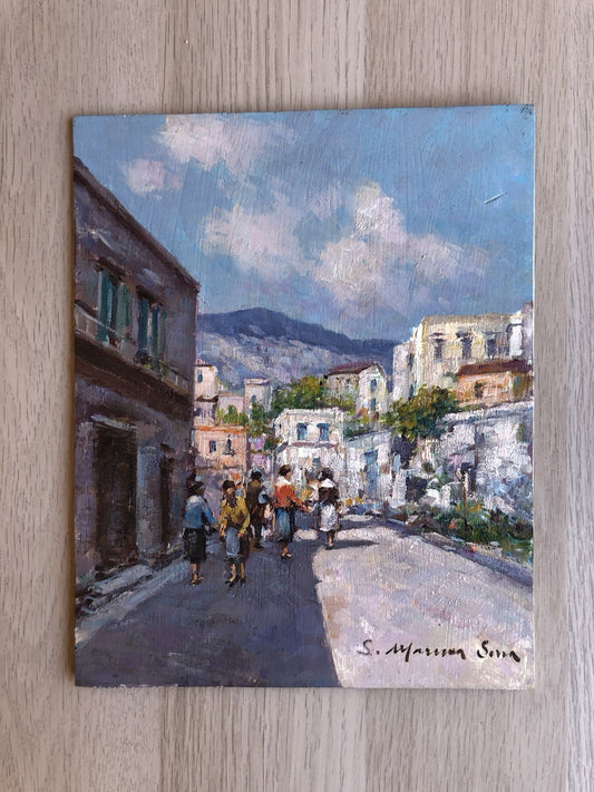 Quadro -Paesaggio Con Figure- dipinto a olio su tavoletta